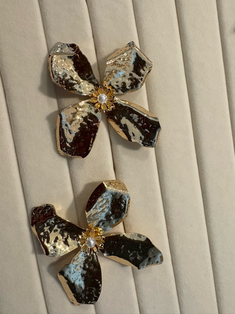 Gold Floral Petal Drop Earrings with Pearl Center - Women Jewelry